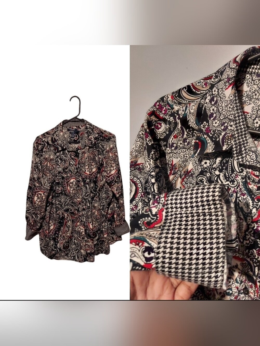Chaps No Iron Women’s Plus Size 1X Paisley Button Up Shirt Top Flip Cuff Office